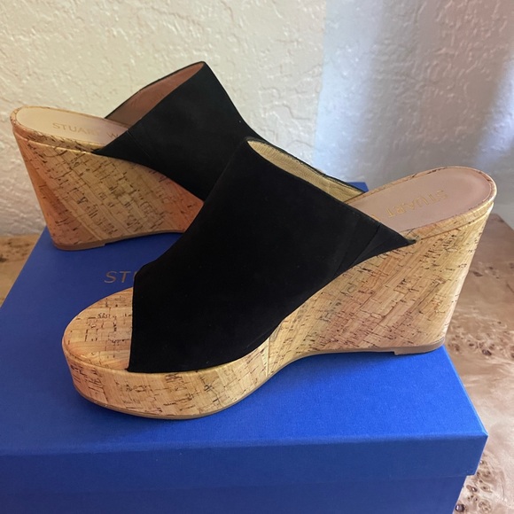 Stuart Weitzman Black Suede Cork Wedges - Picture 6 of 14